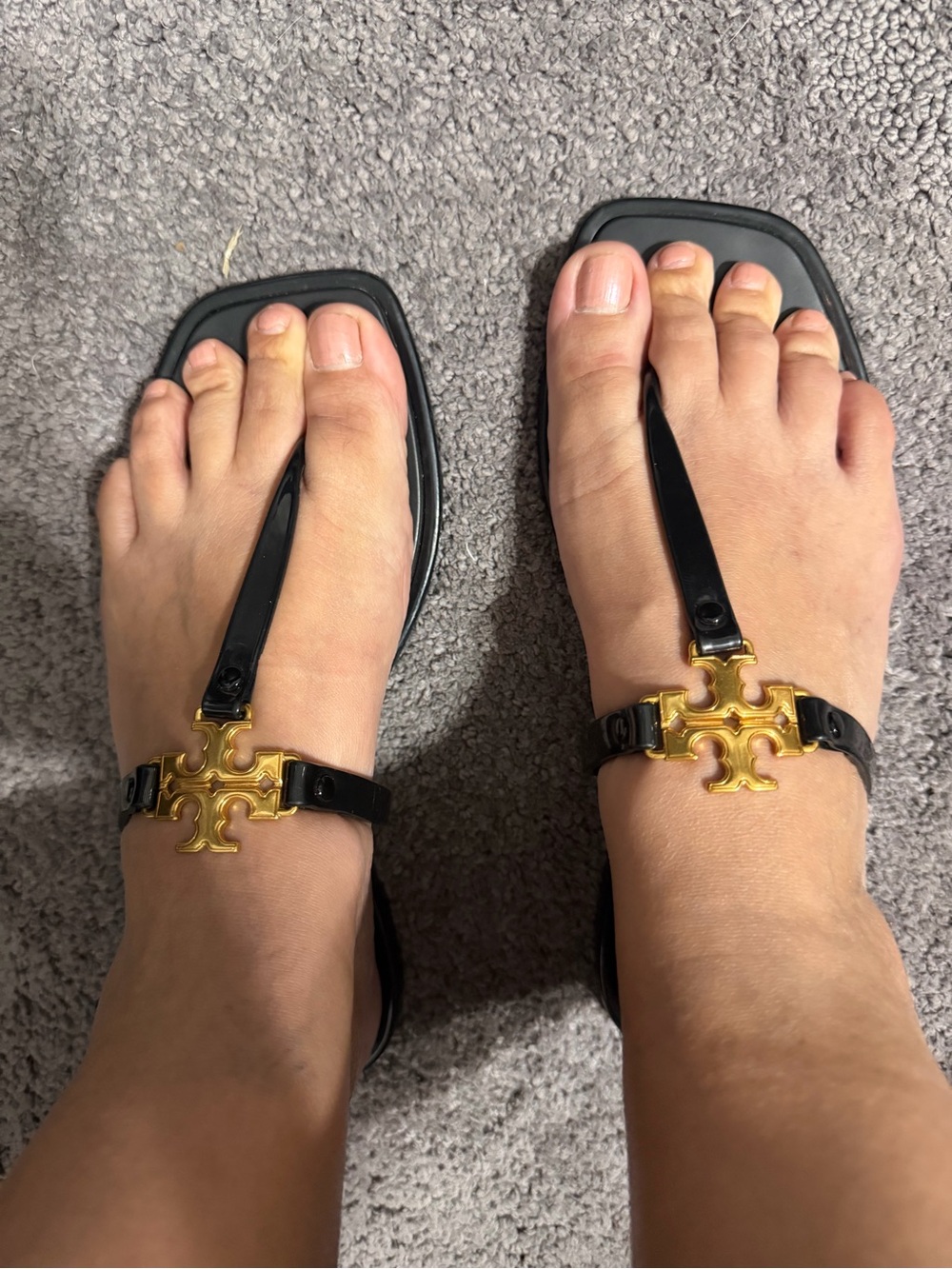 Tory Burch Black Patent Leather Thong Sandals with Gold Logo